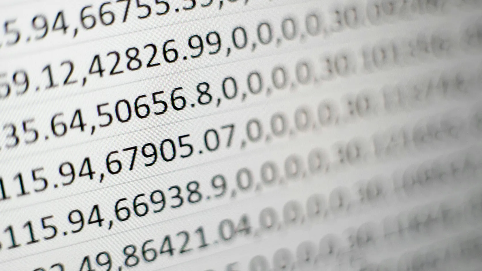 Close-up of a spreadsheet full of numeric formula data on a computer screen.