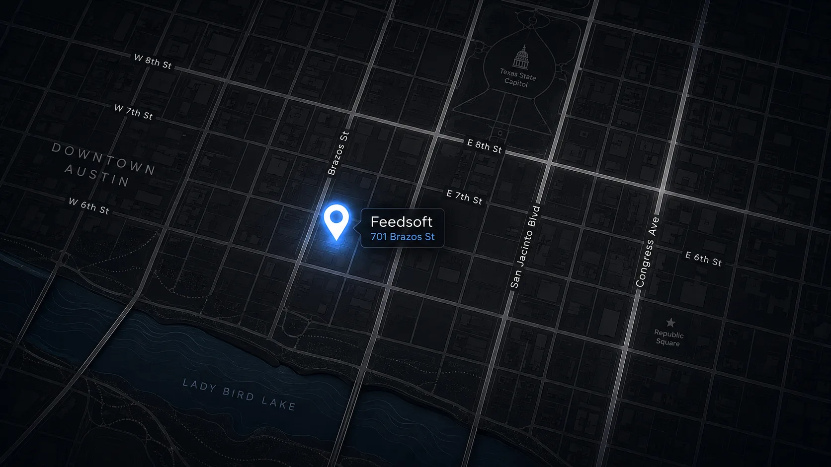 Map showing the Feedsoft office at 701 Brazos St in downtown Austin, Texas