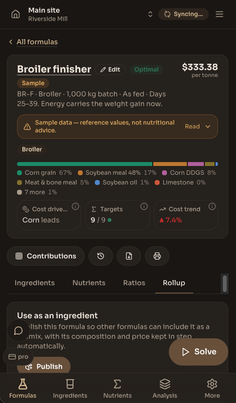 Feedsoft Formulation formula results on a phone