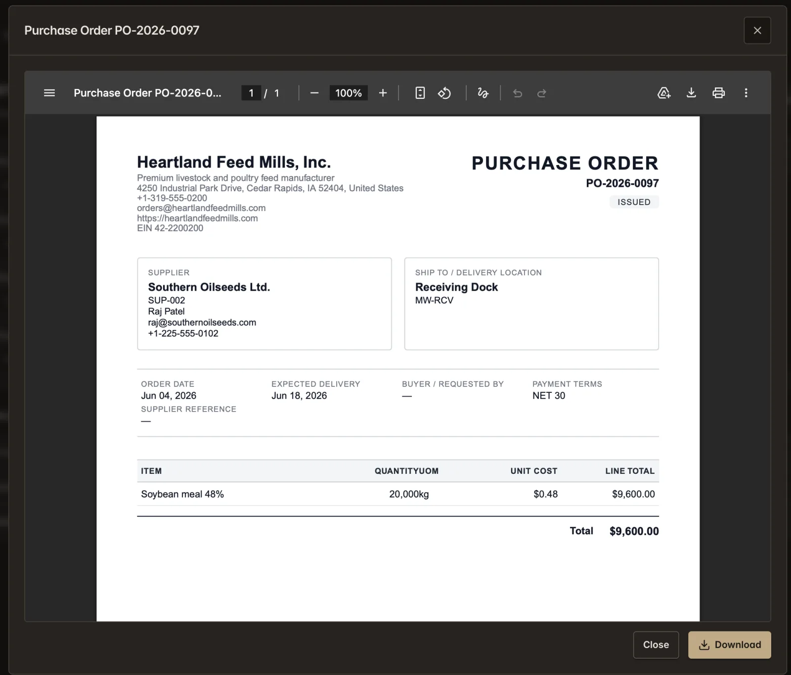 Purchasing: PO lifecycle snapshot