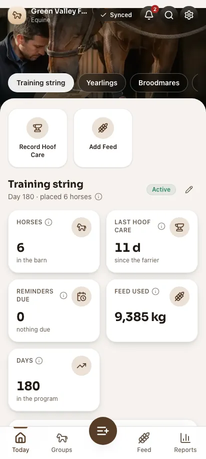 Feedsoft Equine em um celular, com os números do dia