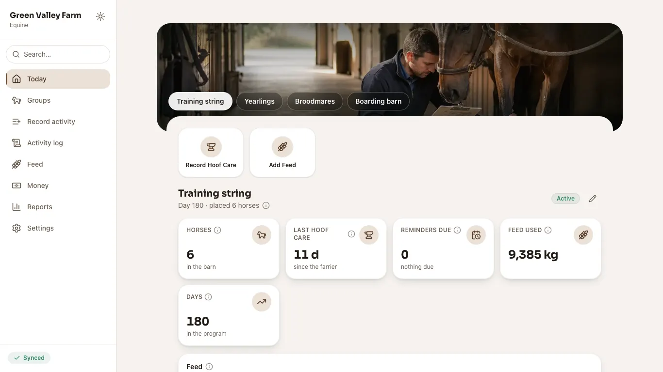 Feedsoft Equine on a computer, showing the day's numbers