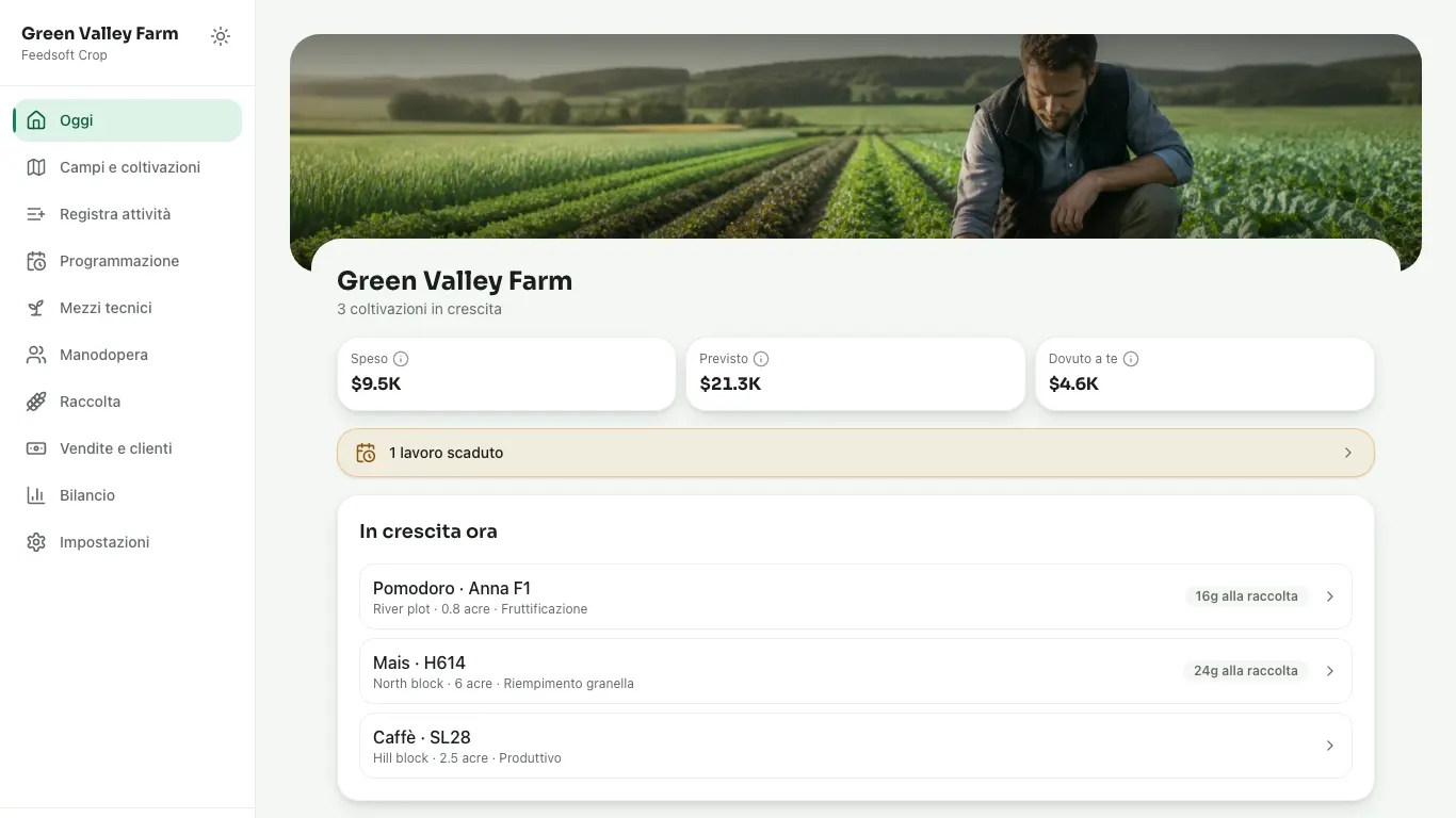 Feedsoft Crop su un computer, con i numeri della giornata