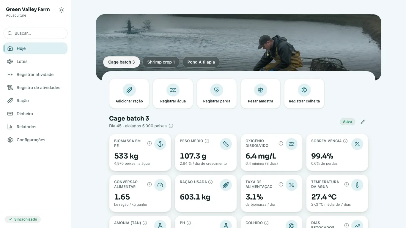 Feedsoft Aquaculture em um computador, com os números do dia