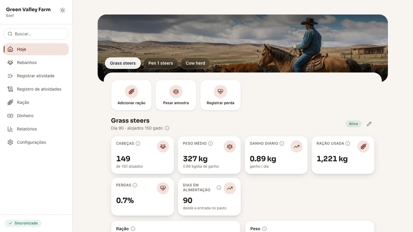 Feedsoft Beef em um computador, com os números do dia