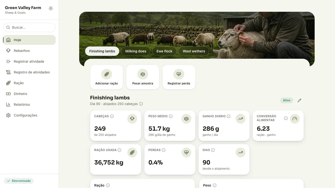 Feedsoft Sheep & Goats em um computador, com os números do dia