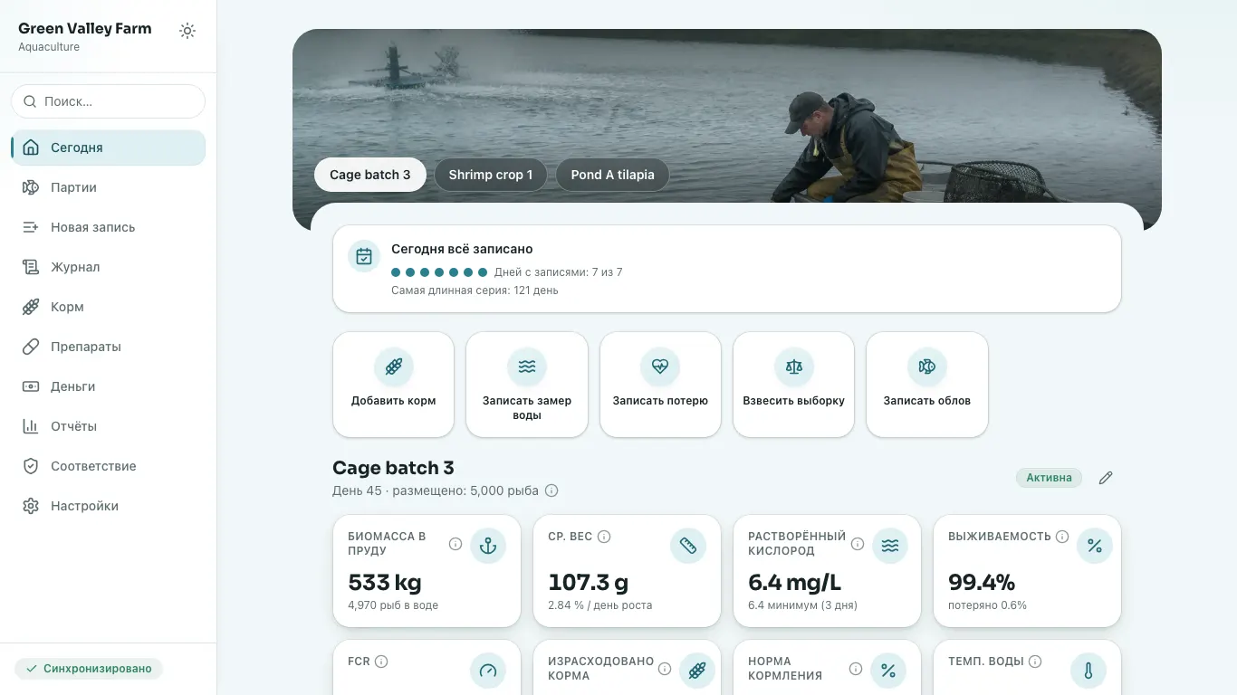 Feedsoft Aquaculture на компьютере с показателями за день