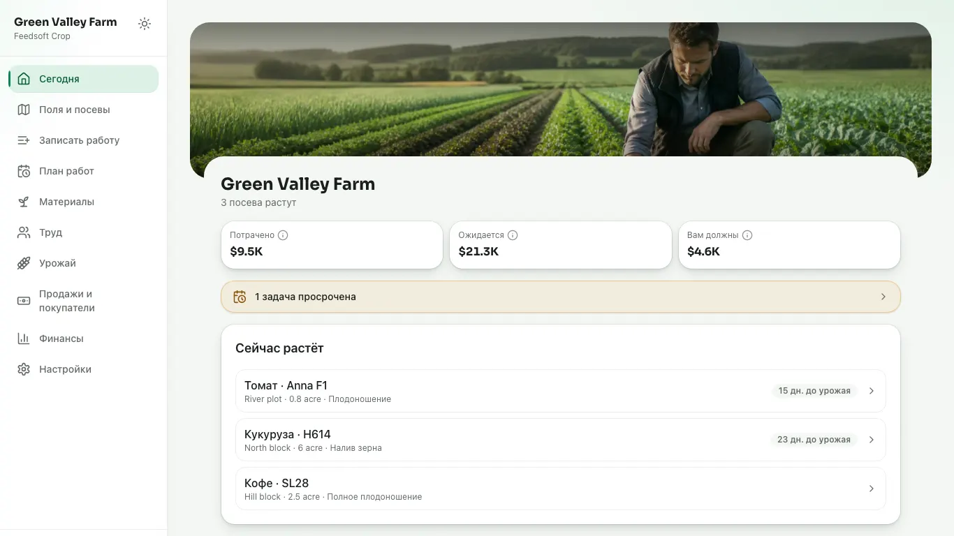 Feedsoft Crop на компьютере с показателями за день