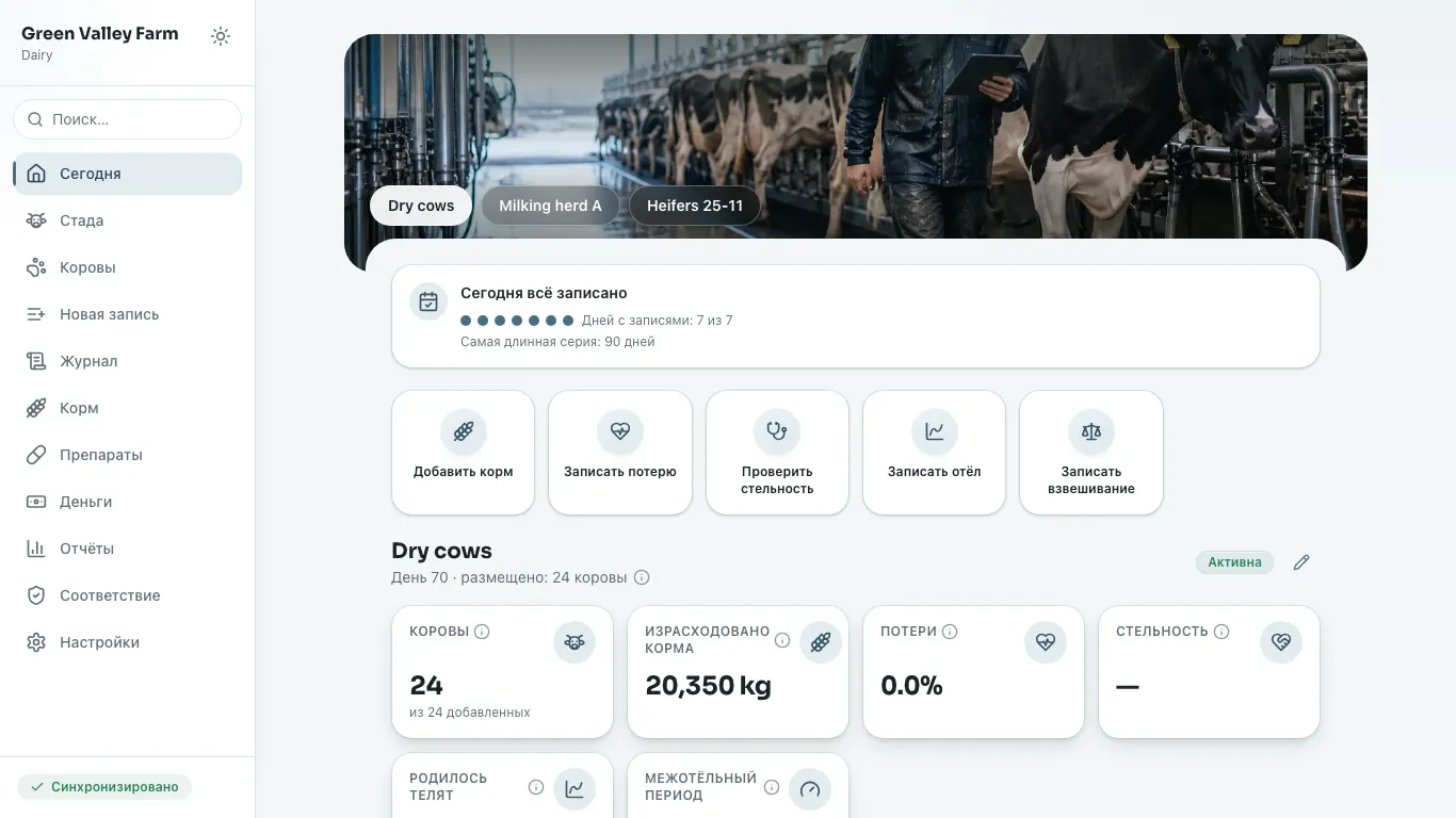 Feedsoft Dairy на компьютере с показателями за день
