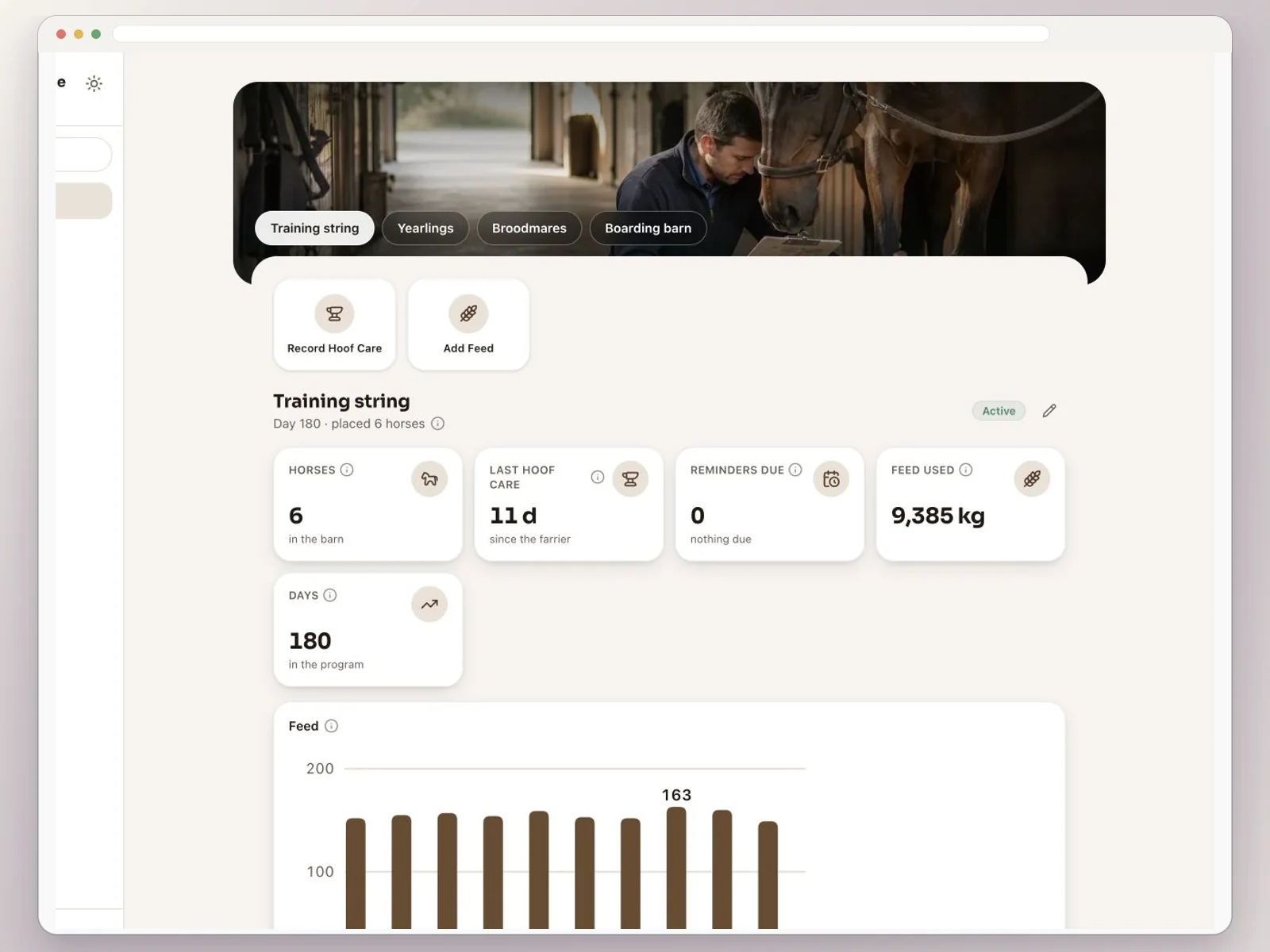 Feedsoft Equine live dashboard showing care reminders, weight, and breeding progress