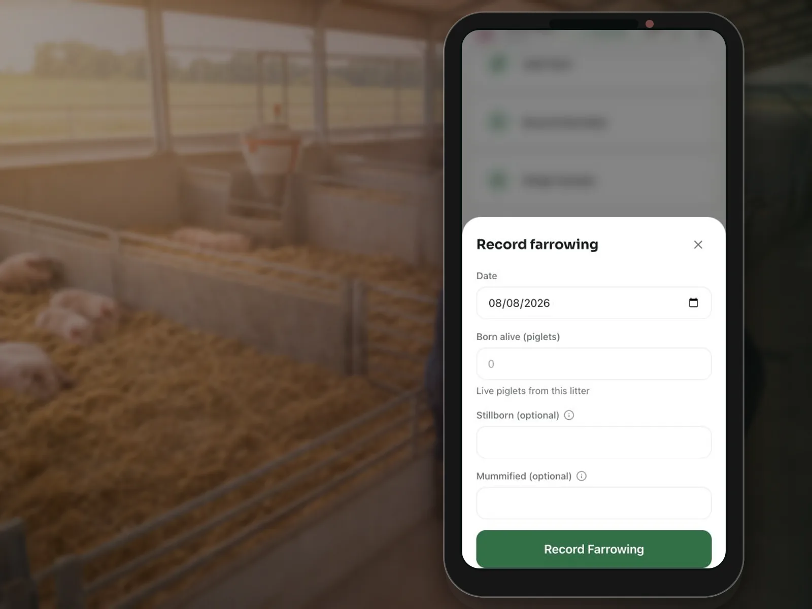 Feedsoft Swine mobile screen for farrowing and group activity